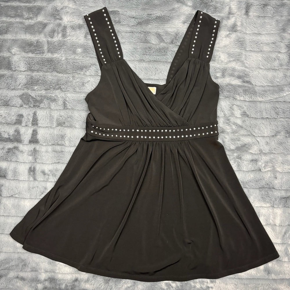 Michael Kors Womens Black Rhinestone Studded Empire Waist V-Neck Top Small S/P